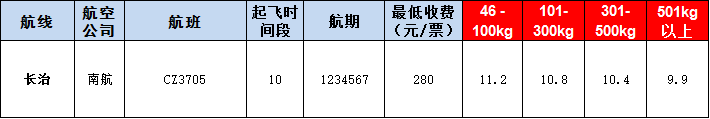 長治空運報價表-長治飛機空運價格-9月17號